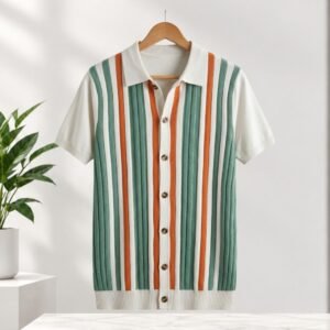 STRIPED KNIT HALF SLEEVE SHIRT CREAM CODE 702