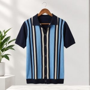 STRIPED KNIT HALF SLEEVE SHIRT NAVY BLUE CODE 701
